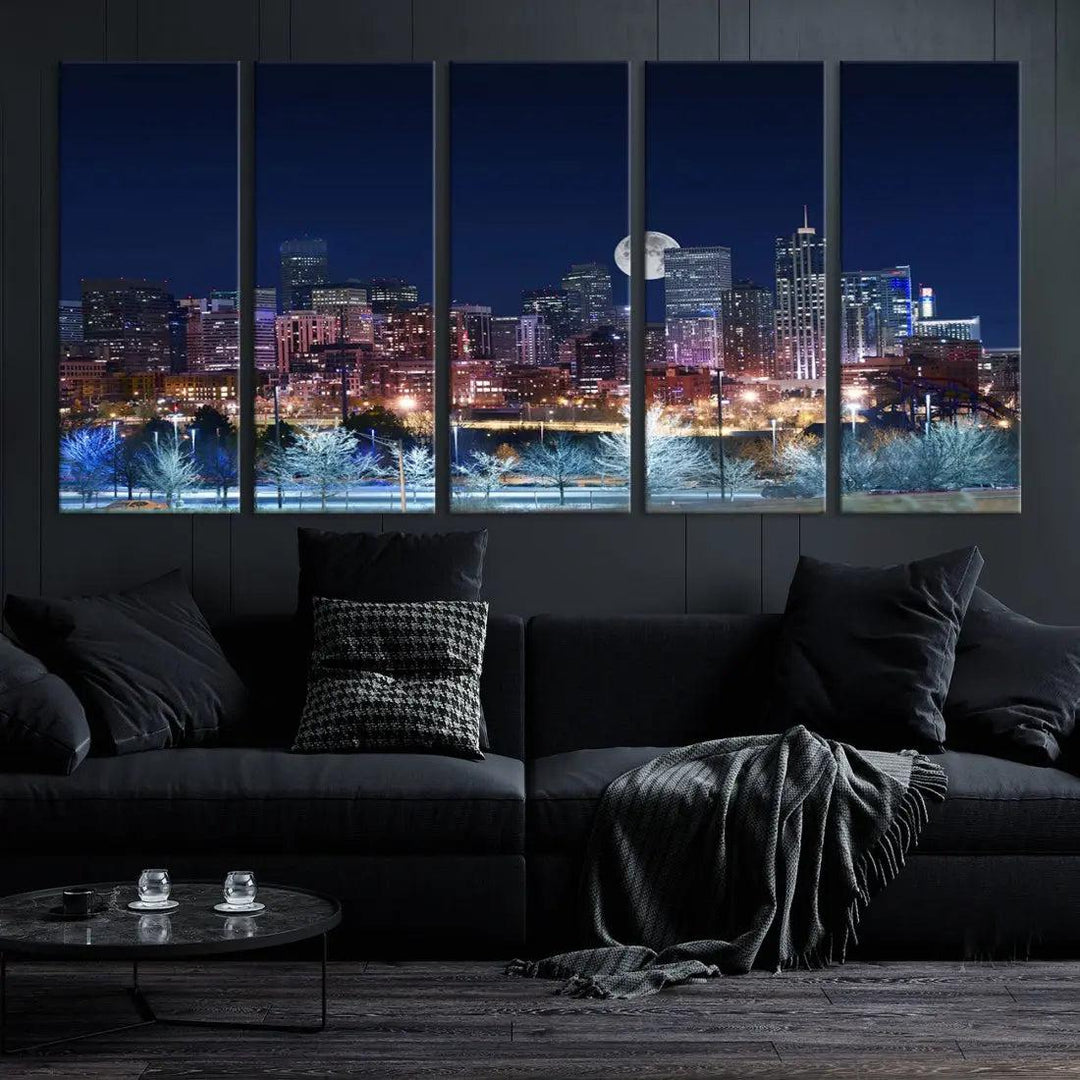 Denver Skyline Canvas Print Full Moon Photo Skyline Cityscape Wall Art