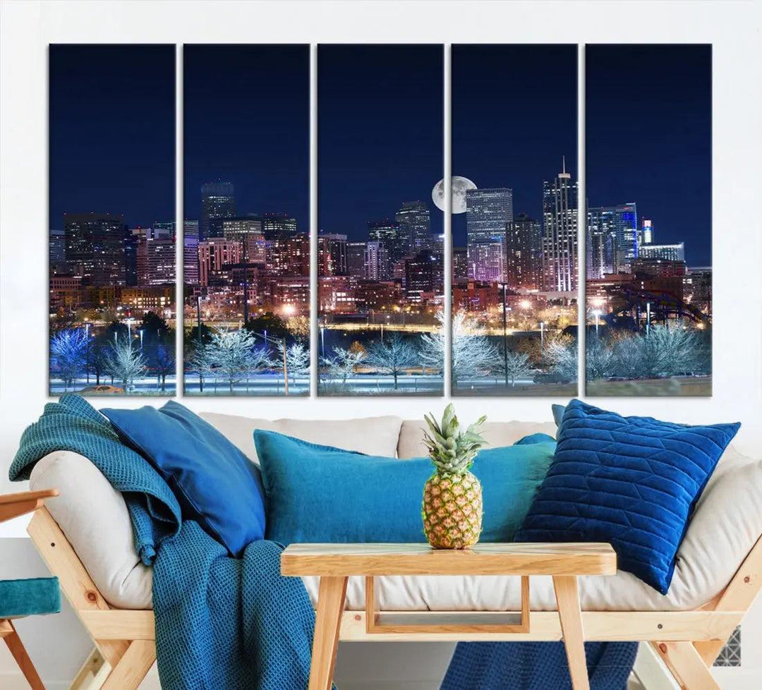 Denver Skyline Canvas Print Full Moon Photo Skyline Cityscape Wall Art