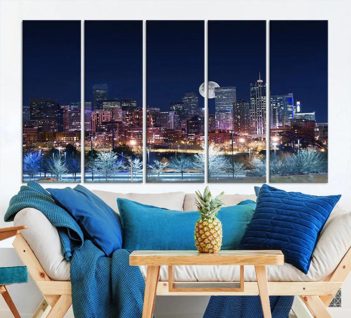 Denver Skyline Canvas Print Full Moon Photo Skyline Cityscape Wall Art