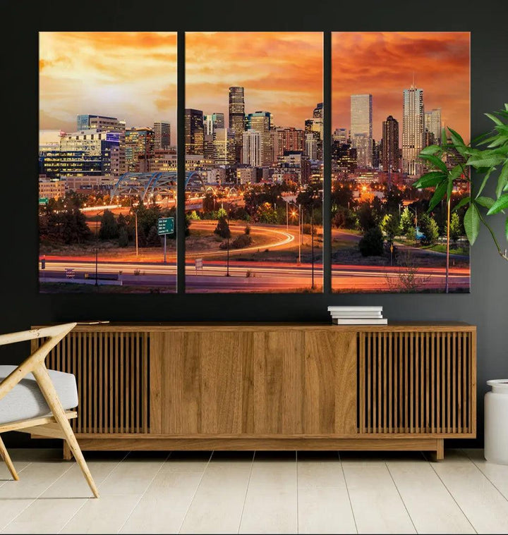 Denver Skyline Sunset Wall Art Framed Canvas Print Cityscape Wall Decor