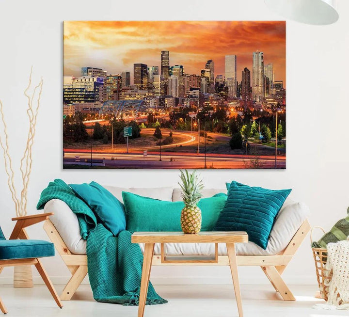 Denver Skyline Sunset Wall Art Framed Canvas Print Cityscape Wall Decor