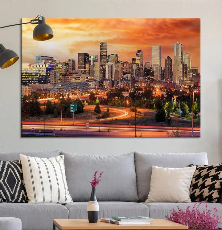 Denver Skyline Sunset Wall Art Framed Canvas Print Cityscape Wall Decor