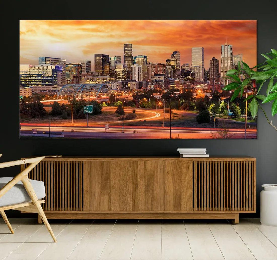 Denver Skyline Sunset Wall Art Framed Canvas Print Cityscape Wall Decor