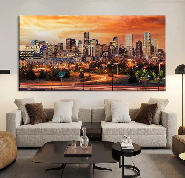 Denver Skyline Sunset Wall Art Framed Canvas Print Cityscape Wall Decor