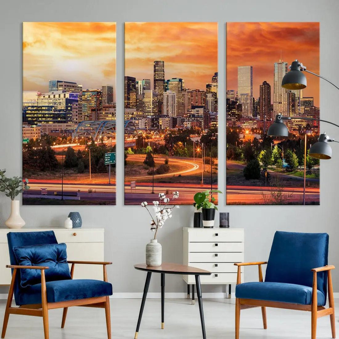 Denver Skyline Sunset Wall Art Framed Canvas Print Cityscape Wall Decor