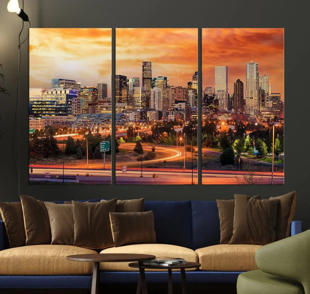 Denver Skyline Sunset Wall Art Framed Canvas Print Cityscape Wall Decor