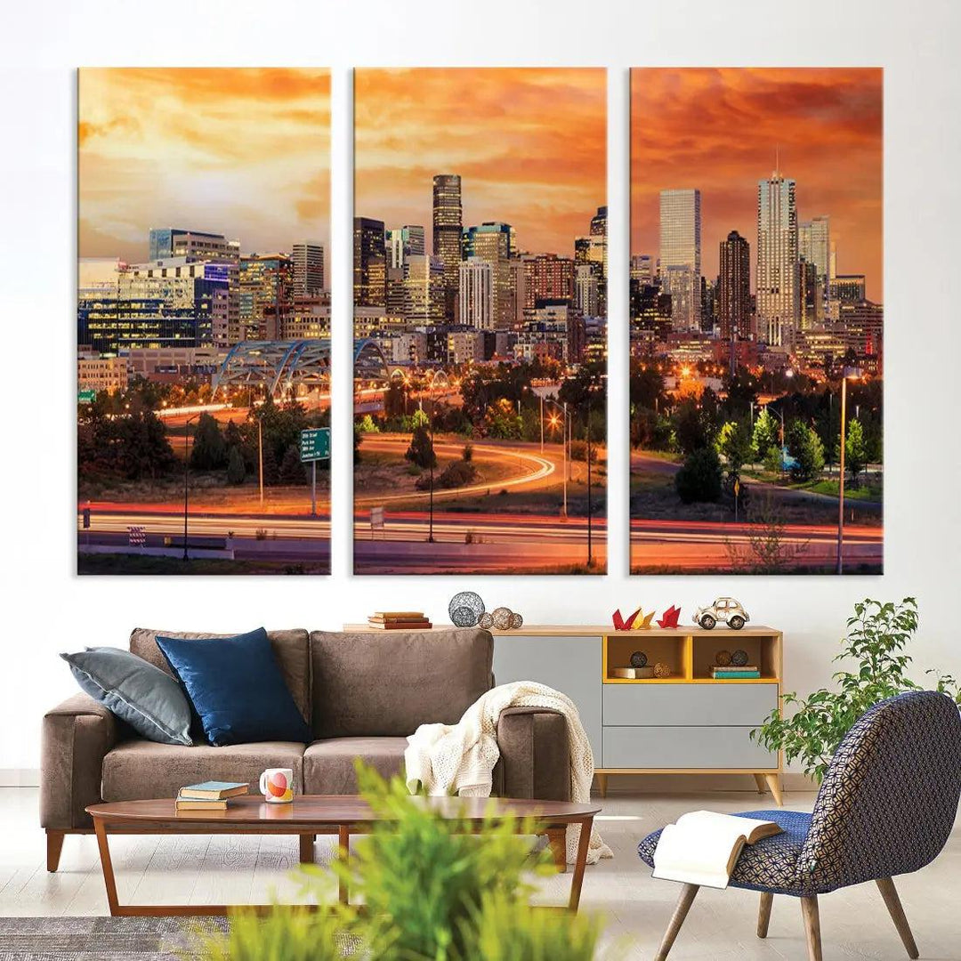 Denver Skyline Sunset Wall Art Framed Canvas Print Cityscape Wall Decor