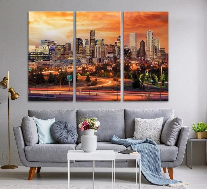 Denver Skyline Sunset Wall Art Framed Canvas Print Cityscape Wall Decor