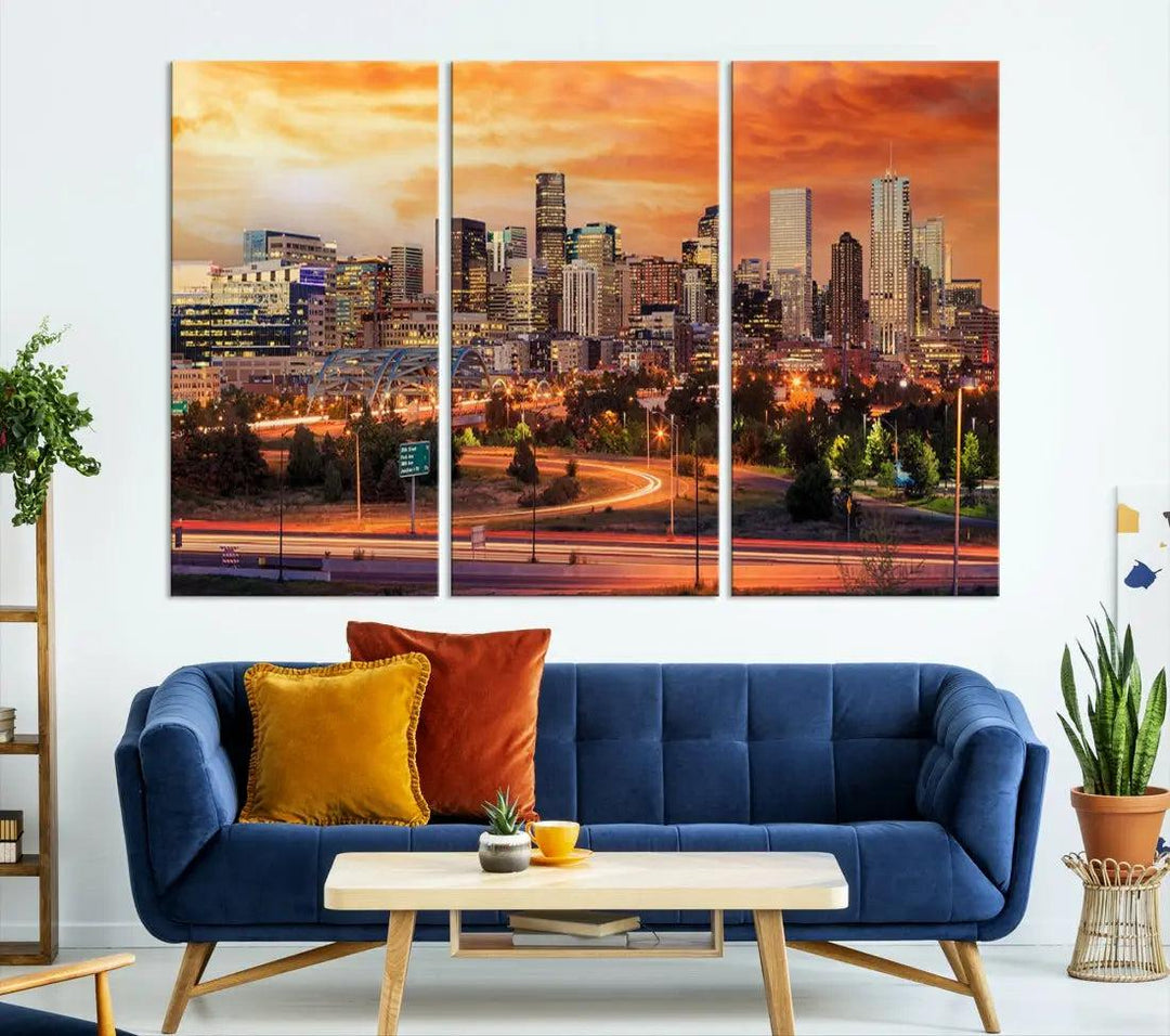 Denver Skyline Sunset Wall Art Framed Canvas Print Cityscape Wall Decor