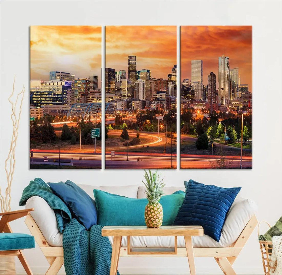 Denver Skyline Sunset Wall Art Framed Canvas Print Cityscape Wall Decor