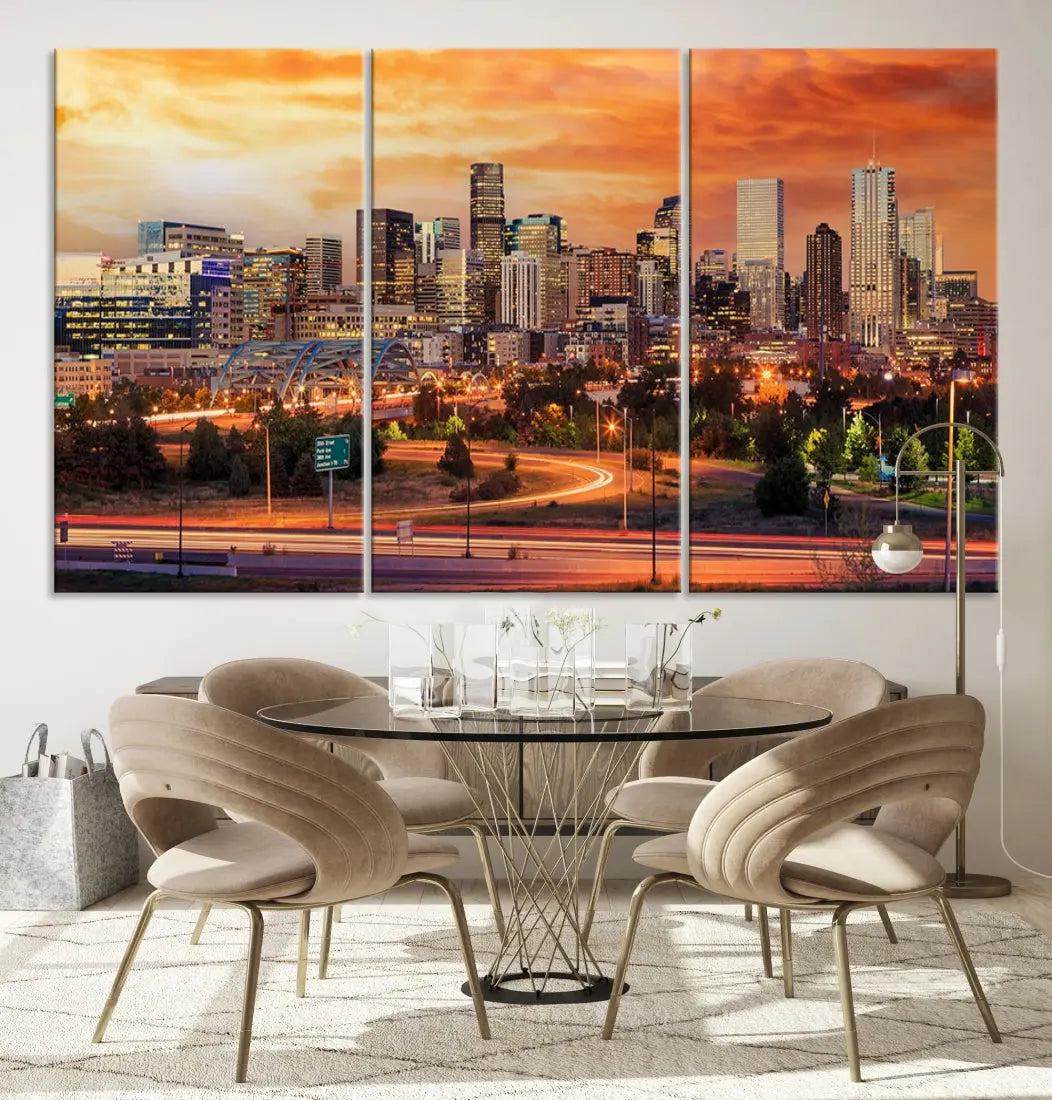 Denver Skyline Sunset Wall Art Framed Canvas Print Cityscape Wall Decor