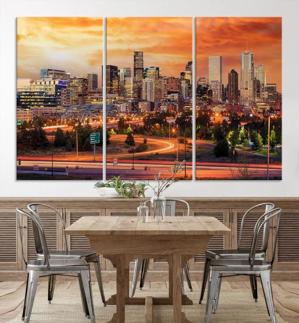 Denver Skyline Sunset Wall Art Framed Canvas Print Cityscape Wall Decor