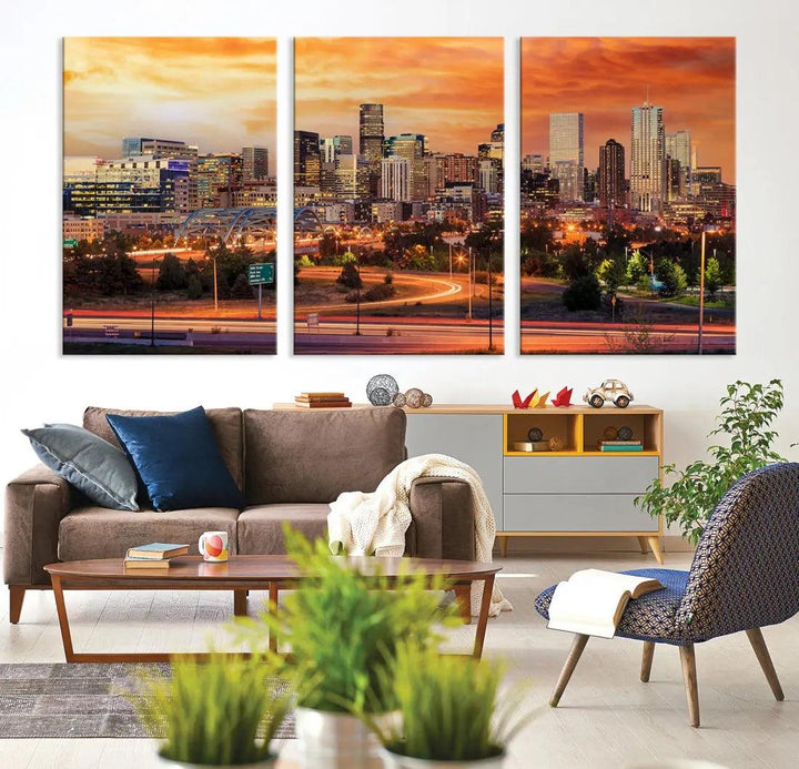 Denver Skyline Sunset Wall Art Framed Canvas Print Cityscape Wall Decor