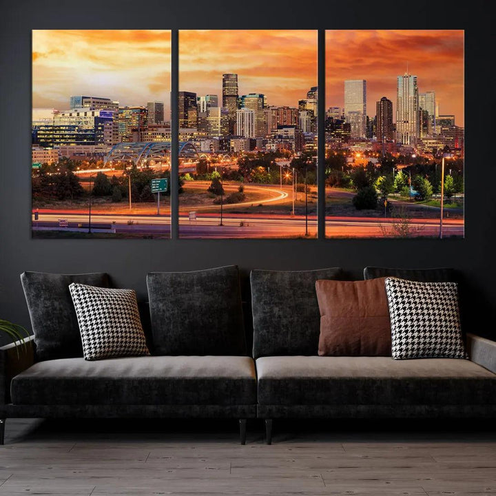 Denver Skyline Sunset Wall Art Framed Canvas Print Cityscape Wall Decor