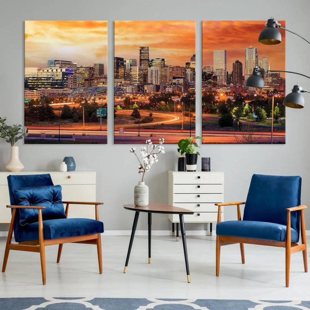 Denver Skyline Sunset Wall Art Framed Canvas Print Cityscape Wall Decor