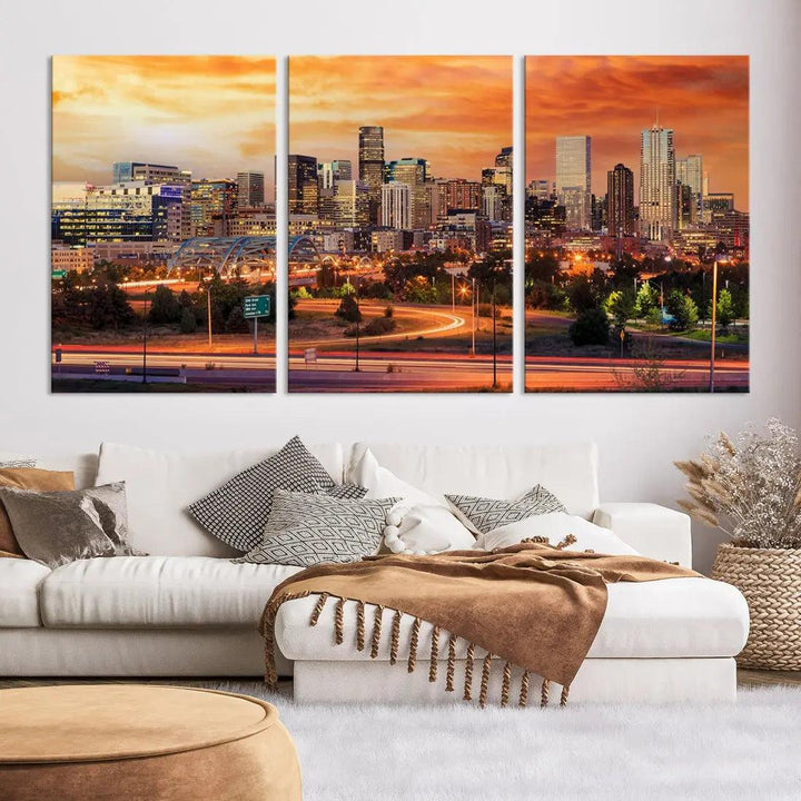 Denver Skyline Sunset Wall Art Framed Canvas Print Cityscape Wall Decor