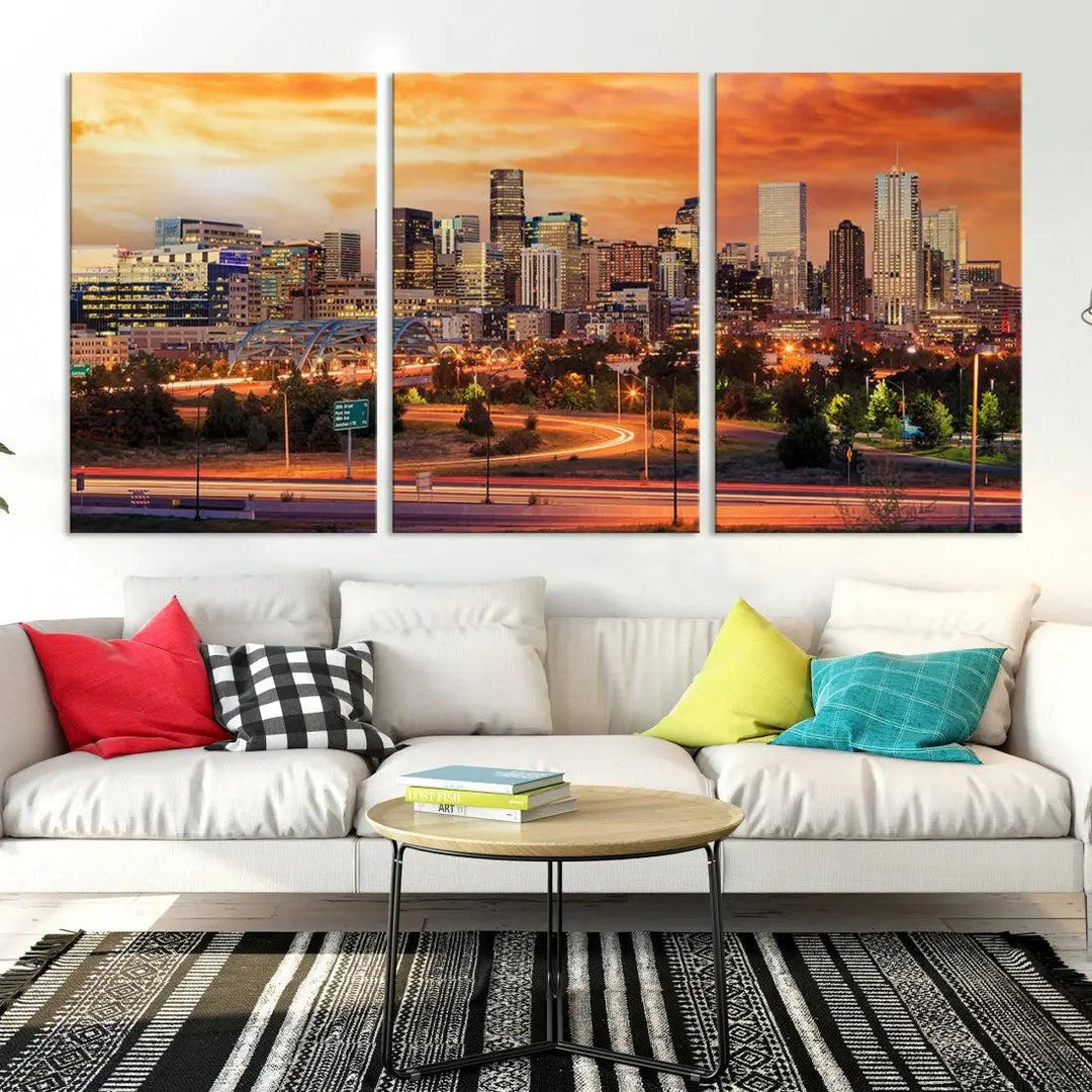 Denver Skyline Sunset Wall Art Framed Canvas Print Cityscape Wall Decor