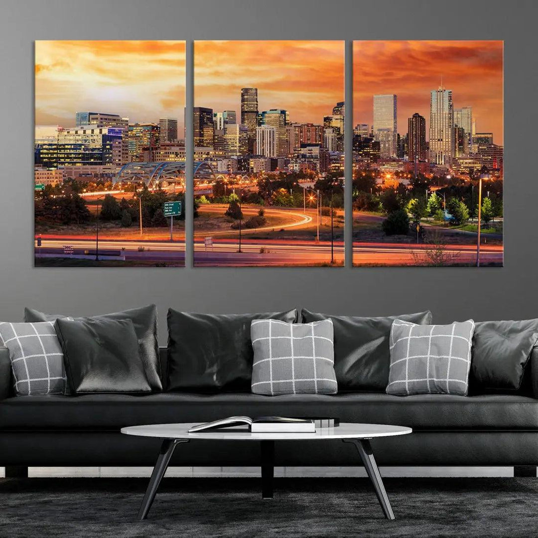 Denver Skyline Sunset Wall Art Framed Canvas Print Cityscape Wall Decor