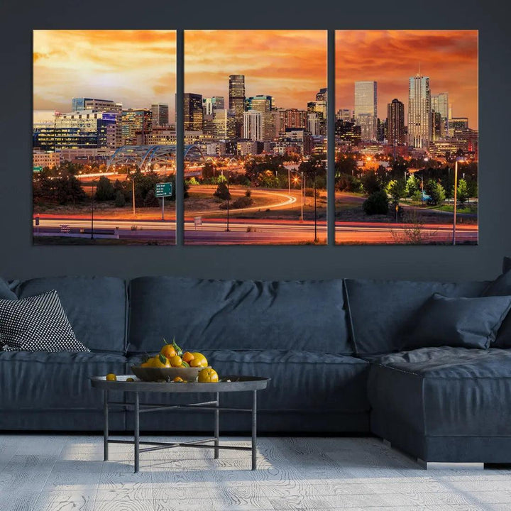 Denver Skyline Sunset Wall Art Framed Canvas Print Cityscape Wall Decor