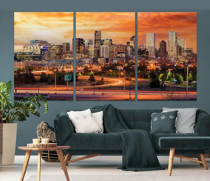 Denver Skyline Sunset Wall Art Framed Canvas Print Cityscape Wall Decor