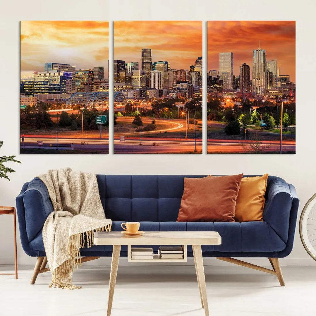 Denver Skyline Sunset Wall Art Framed Canvas Print Cityscape Wall Decor