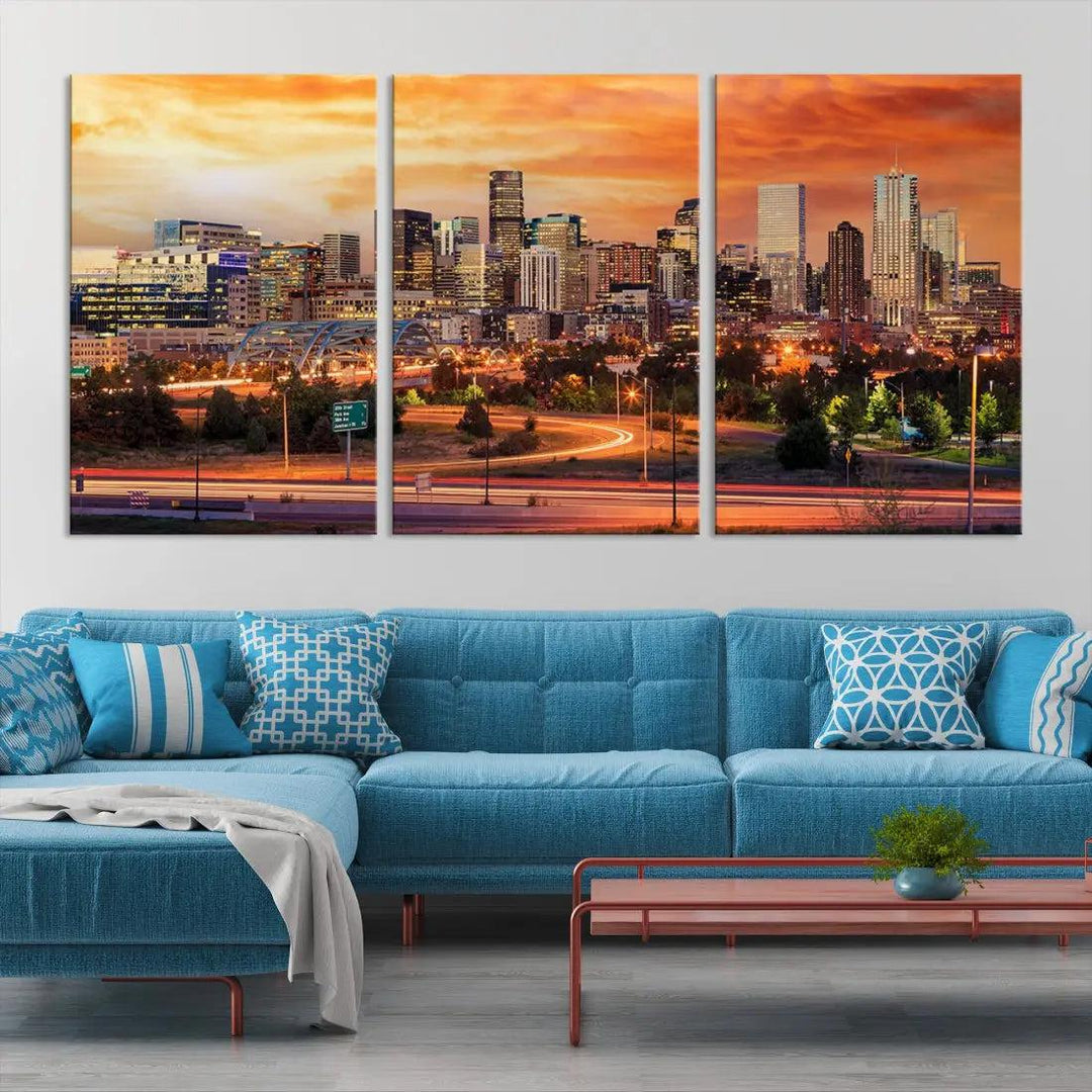 Denver Skyline Sunset Wall Art Framed Canvas Print Cityscape Wall Decor