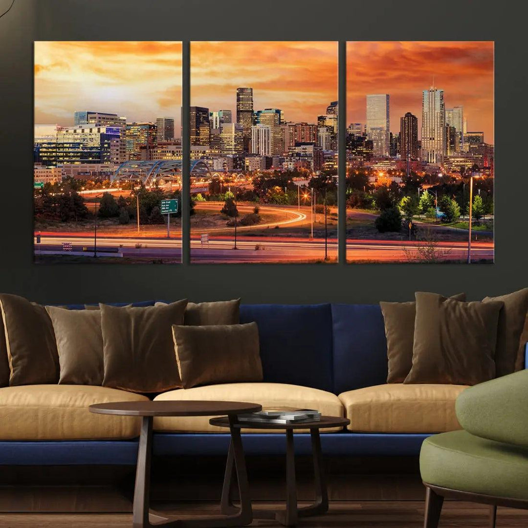 Denver Skyline Sunset Wall Art Framed Canvas Print Cityscape Wall Decor