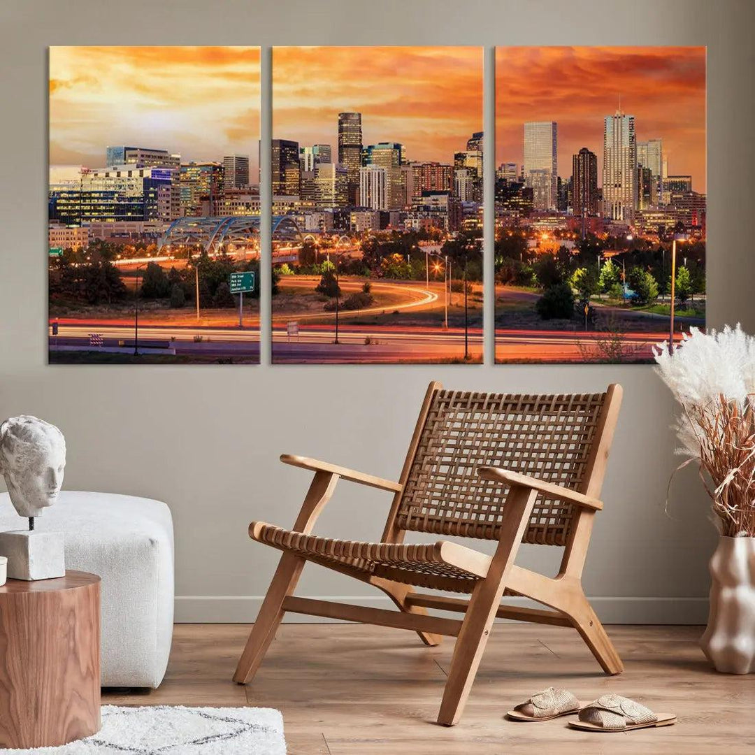 Denver Skyline Sunset Wall Art Framed Canvas Print Cityscape Wall Decor