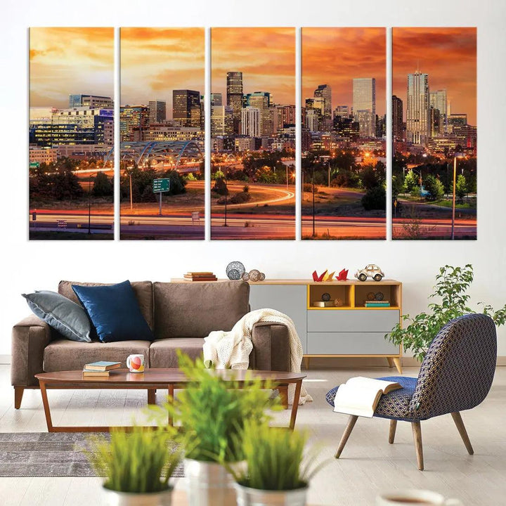 Denver Skyline Sunset Wall Art Framed Canvas Print Cityscape Wall Decor