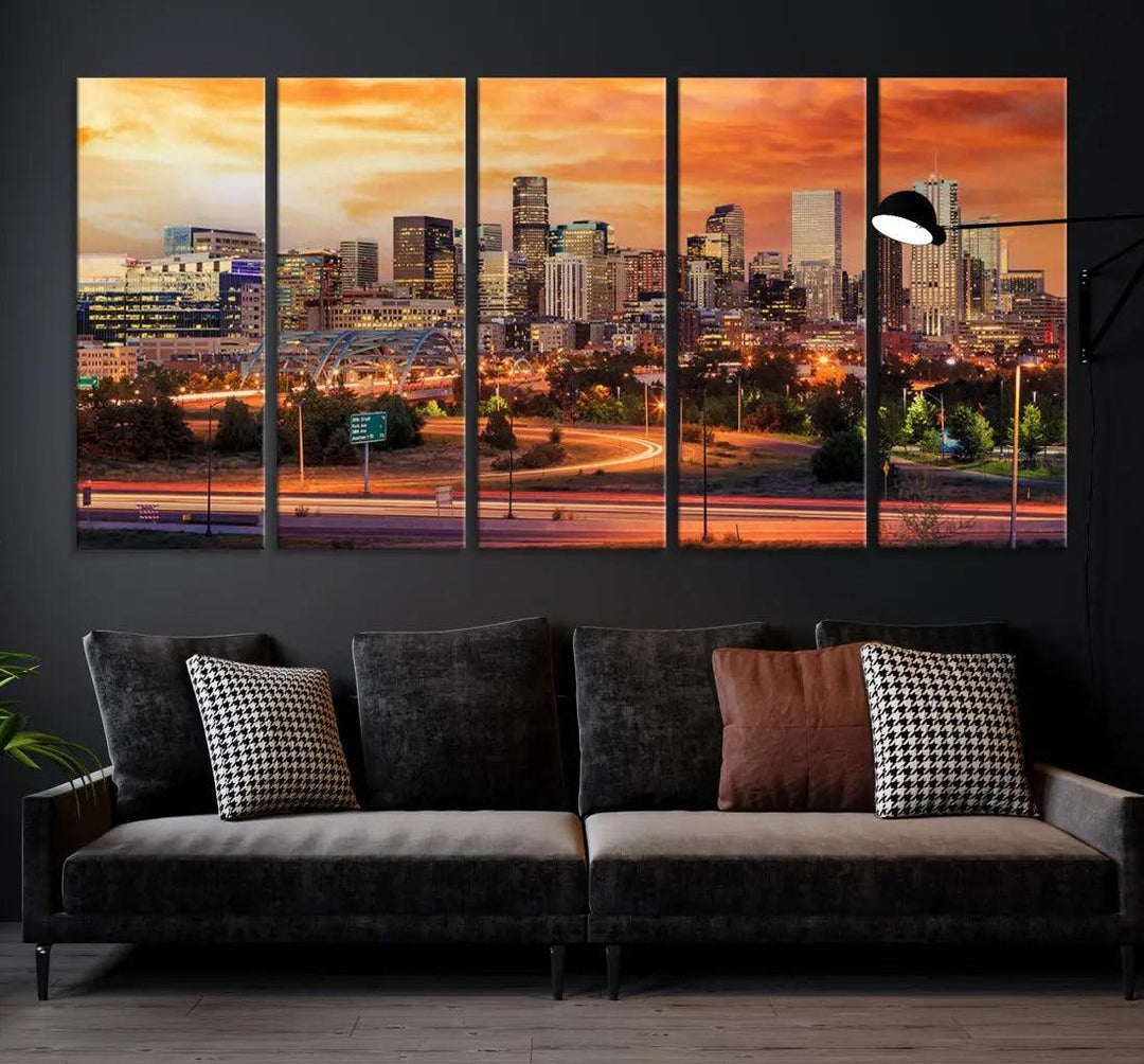 Denver Skyline Sunset Wall Art Framed Canvas Print Cityscape Wall Decor