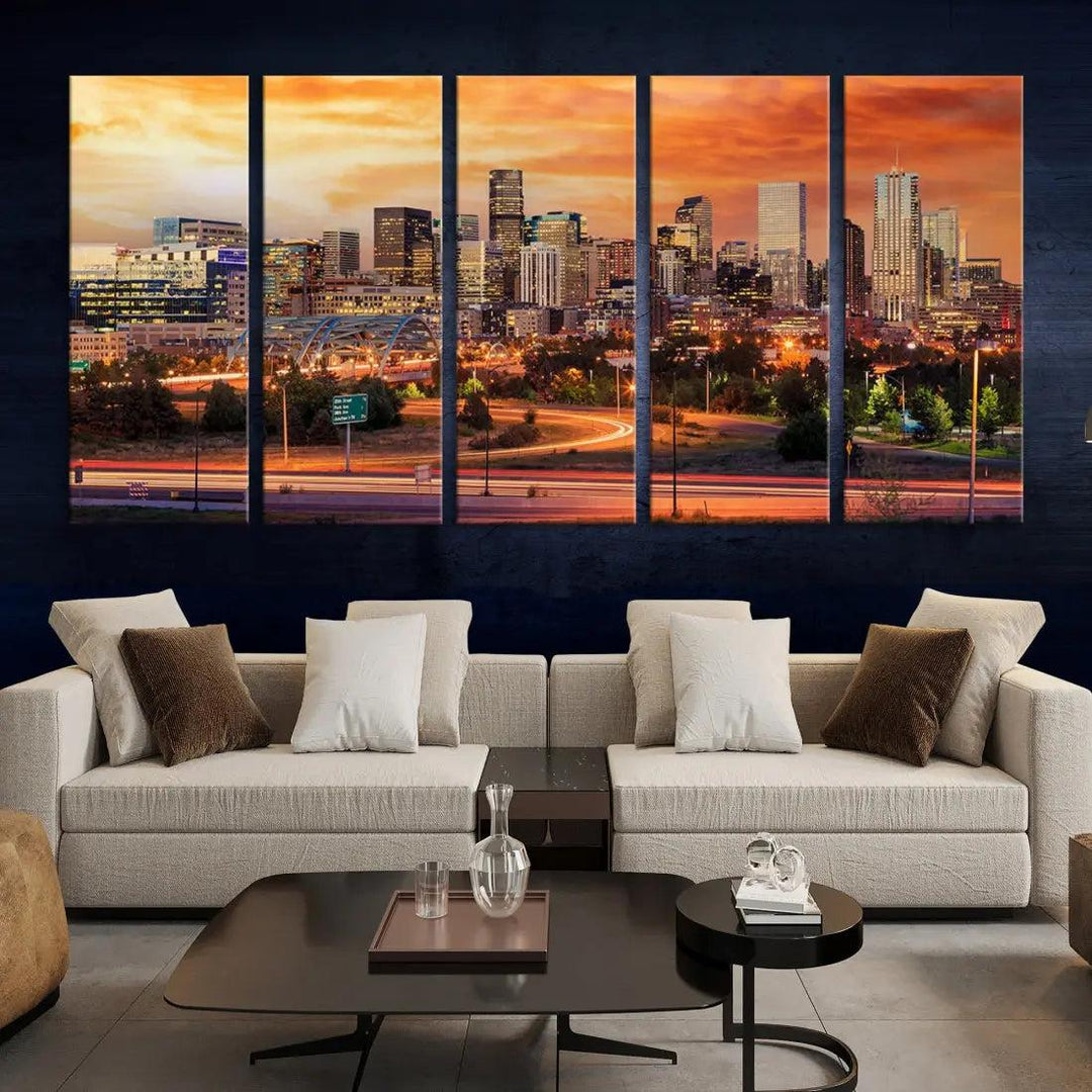 Denver Skyline Sunset Wall Art Framed Canvas Print Cityscape Wall Decor