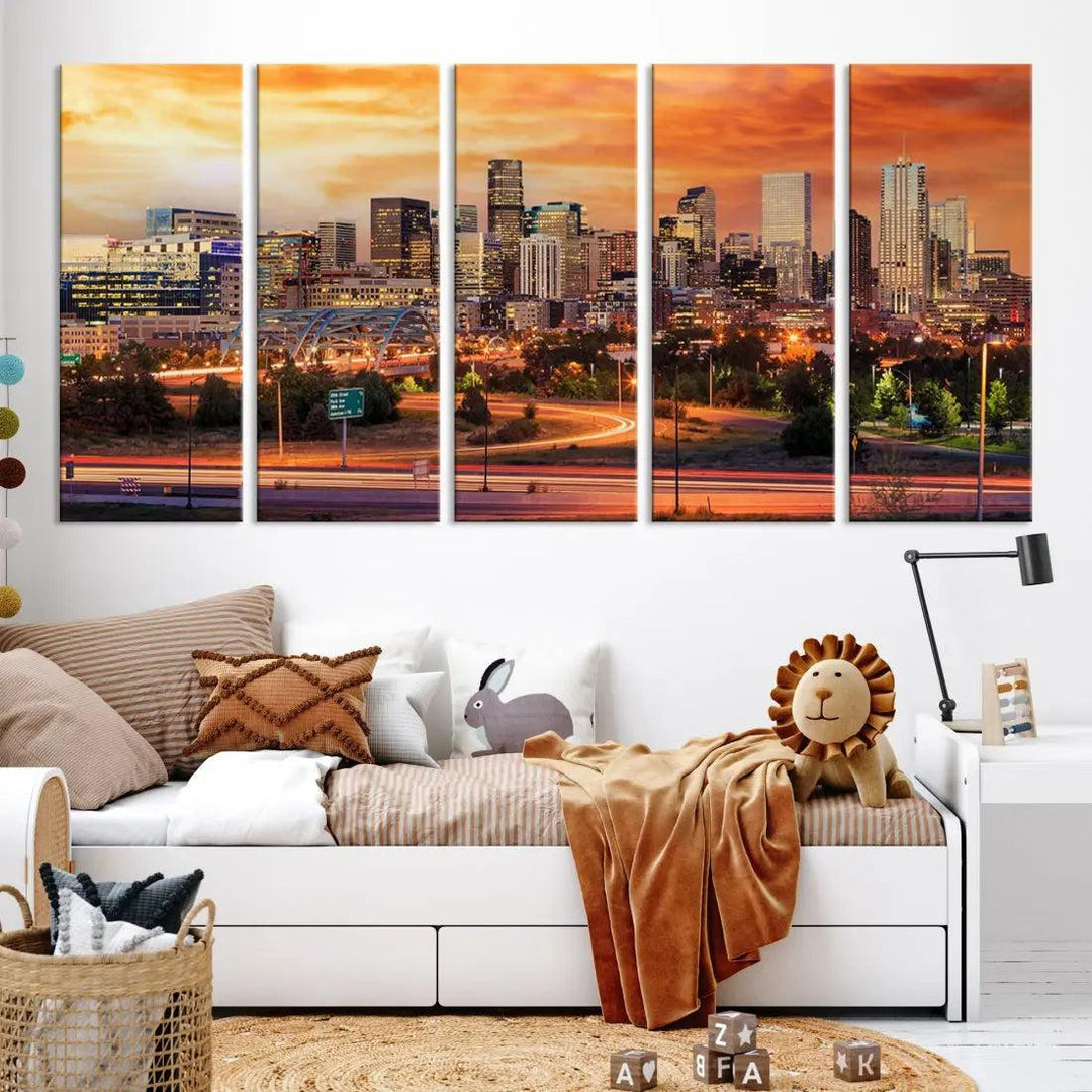 Denver Skyline Sunset Wall Art Framed Canvas Print Cityscape Wall Decor