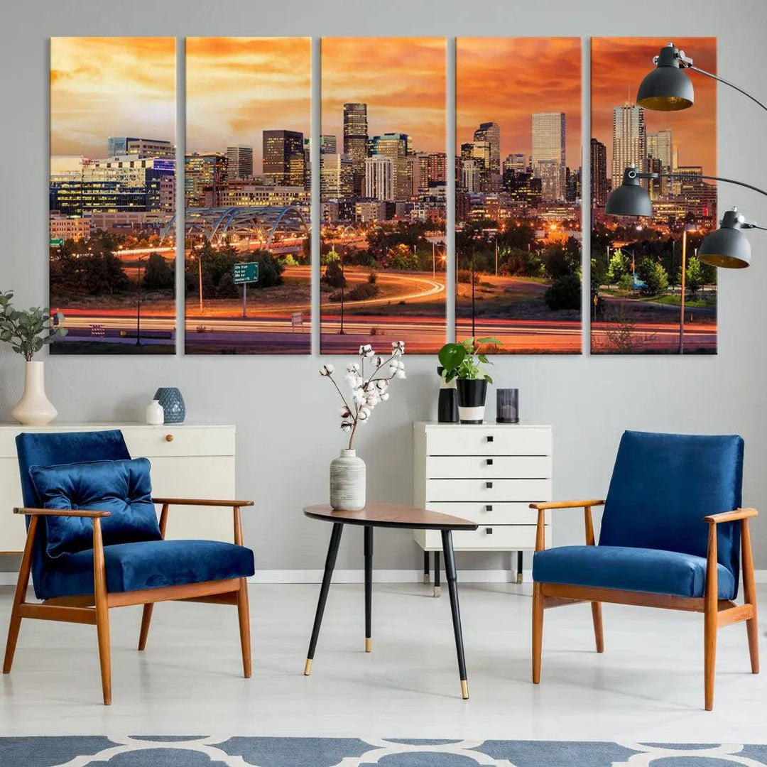 Denver Skyline Sunset Wall Art Framed Canvas Print Cityscape Wall Decor