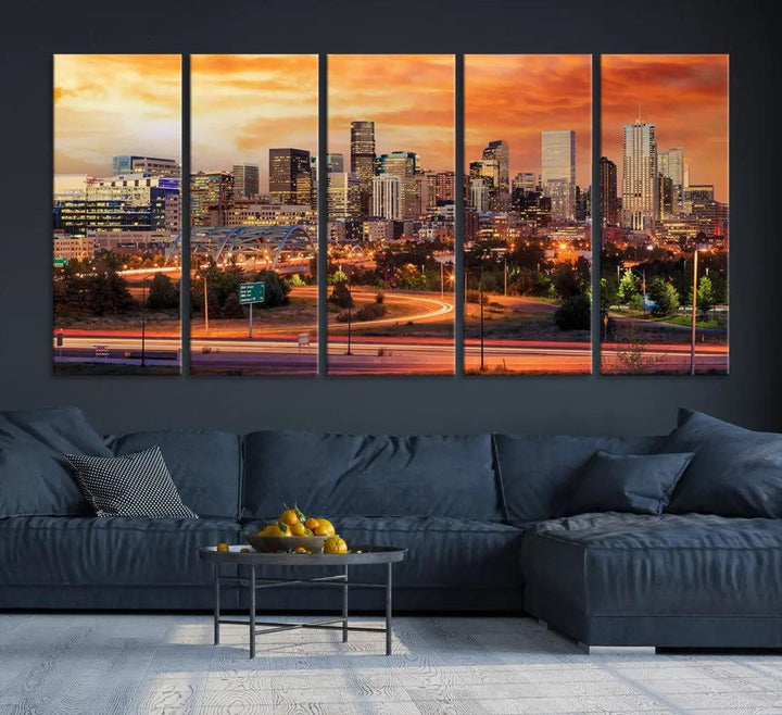 Denver Skyline Sunset Wall Art Framed Canvas Print Cityscape Wall Decor