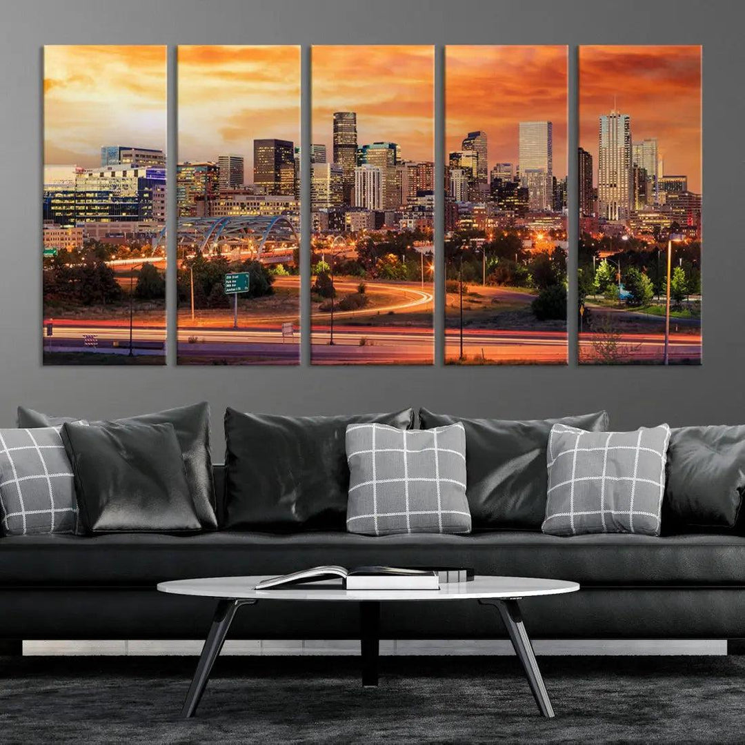 Denver Skyline Sunset Wall Art Framed Canvas Print Cityscape Wall Decor