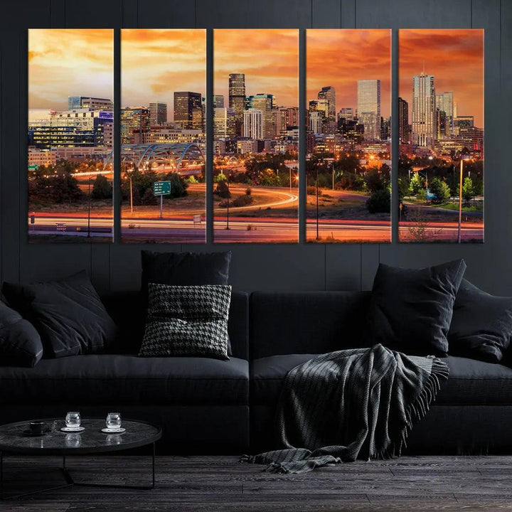 Denver Skyline Sunset Wall Art Framed Canvas Print Cityscape Wall Decor