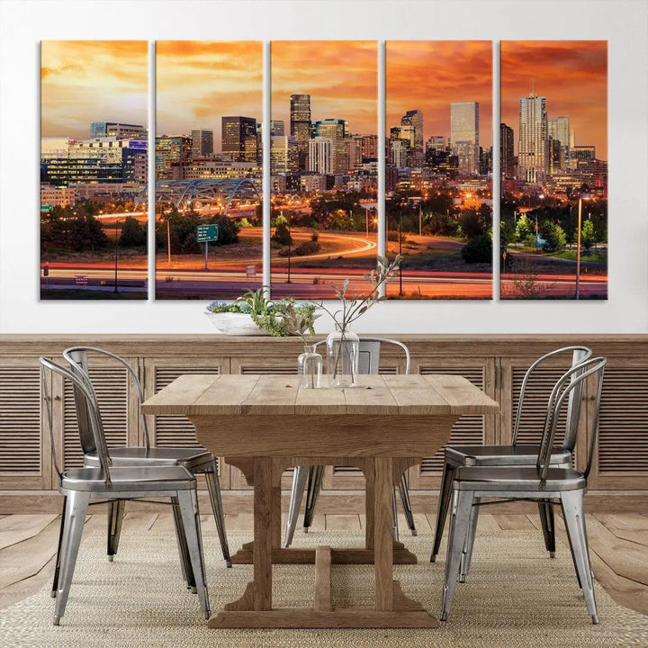 Denver Skyline Sunset Wall Art Framed Canvas Print Cityscape Wall Decor