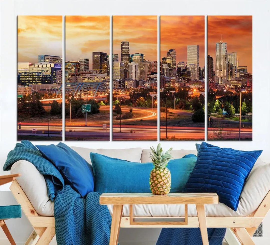 Denver Skyline Sunset Wall Art Framed Canvas Print Cityscape Wall Decor