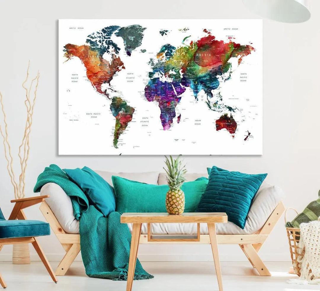 Detailed Watercolor World Map Extra Large Wall Art Canvas Print