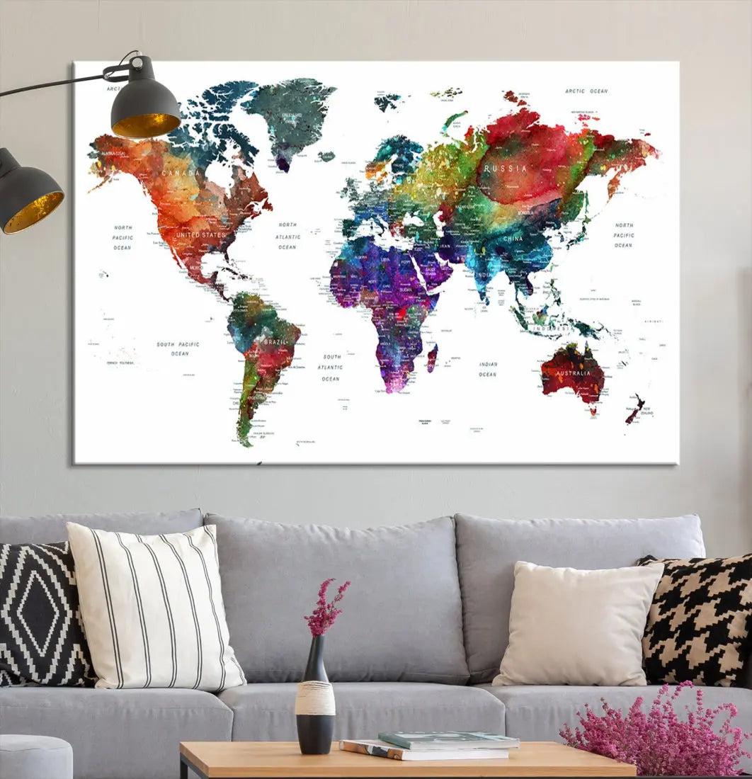 Detailed Watercolor World Map Extra Large Wall Art Canvas Print