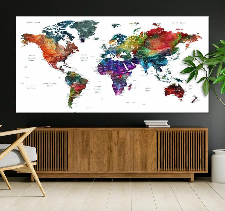 Detailed Watercolor World Map Extra Large Wall Art Canvas Print