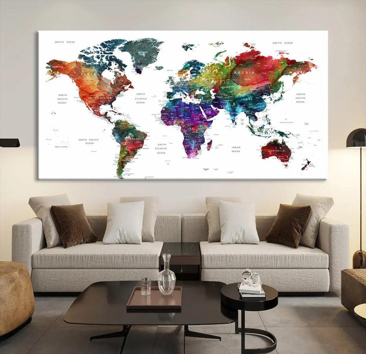 Detailed Watercolor World Map Extra Large Wall Art Canvas Print