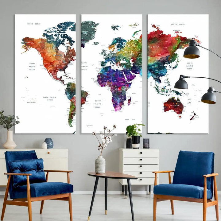 Detailed Watercolor World Map Extra Large Wall Art Canvas Print