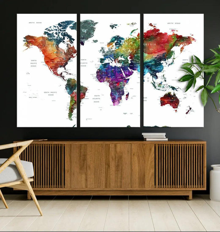 Detailed Watercolor World Map Extra Large Wall Art Canvas Print