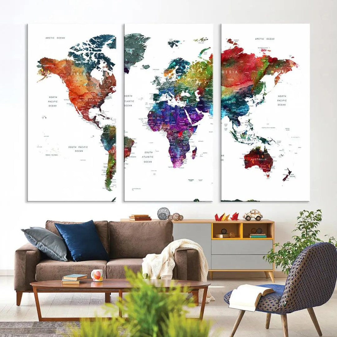 Detailed Watercolor World Map Extra Large Wall Art Canvas Print