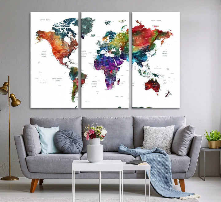 Detailed Watercolor World Map Extra Large Wall Art Canvas Print