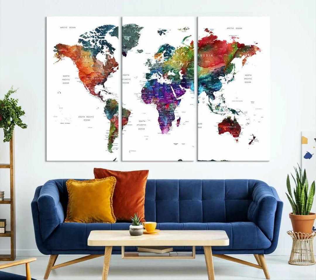 Detailed Watercolor World Map Extra Large Wall Art Canvas Print