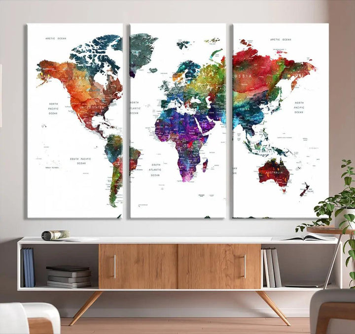 Detailed Watercolor World Map Extra Large Wall Art Canvas Print