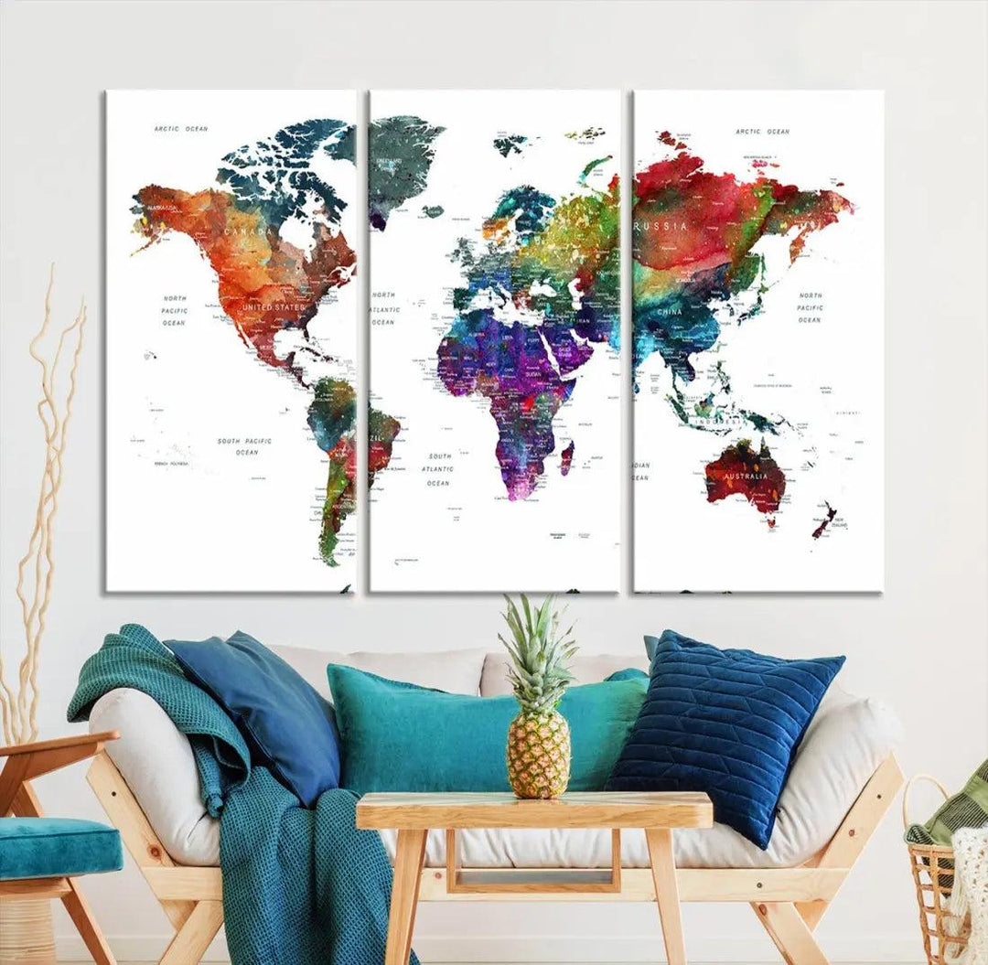 Detailed Watercolor World Map Extra Large Wall Art Canvas Print