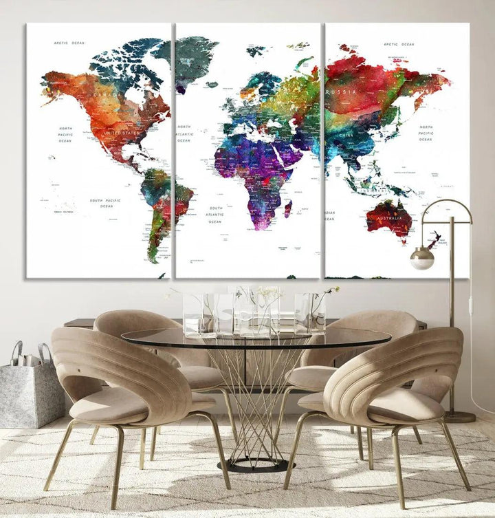 Detailed Watercolor World Map Extra Large Wall Art Canvas Print